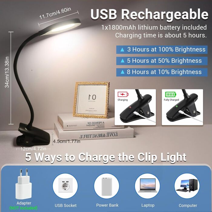 LED лампа для читання Akynite з акумулятором, 5 кольорів та 5 рівнів яскравості, кріпиться на ліжко, дитячий столик, чорна