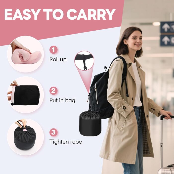 Подушка для шиї у літак - подушка для подорожей Memory Foam, ергономічна форма - подушка для шиї з маскою для сну, навушниками, сумкою - ідеальна для літака, подорожей, офісу, дому Рожева