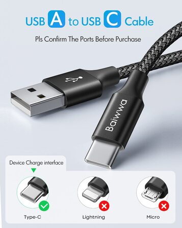 Кабель USB-C на USB-A 6м, чорний, для Samsung, iPhone, Redmi, Pixel | Швидка зарядка, нейлон