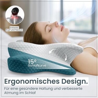 Ортопедична подушка для шиї при болях у шиї з високоякісної піни з пам'яті - Ергономічна подушка для шиї - Подушка для тих, хто спить на боці, на спині та на животі - знімний чохол, придатний для прання при 40°C (61 x 40 x 12, блакитна)