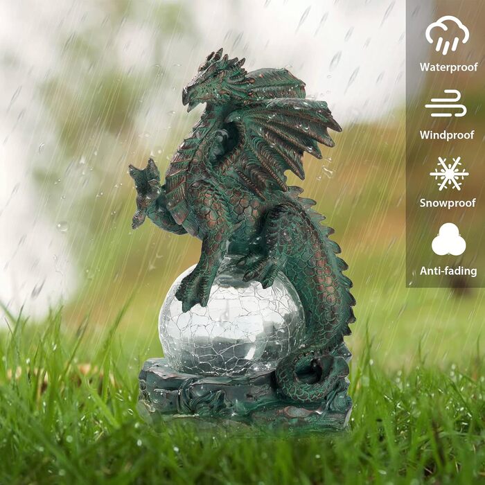 TERESA'S COLLECTIONS 22cm Garden Dragon Figurine with Solar Light, Garden Statue Solar Glass Balls Lighting Waterproof Bronze Resin Garden Figures for Outdoors, Lawn Gifts for Women