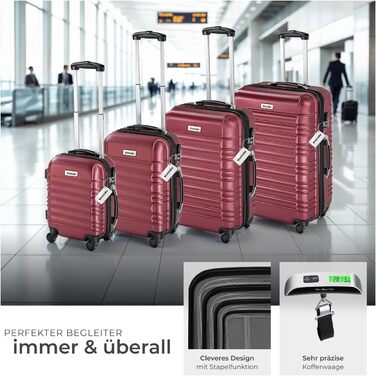 Набір валіз Tectake® 4 шт. з жорстким корпусом ABS, з колесами, телескопічною ручкою та замком, включаючи ваги та аксесуари для валіз. Розміри: S, M, L, XL (Бордовий)