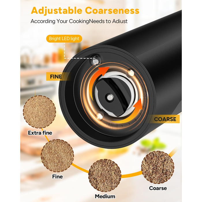 Електричні соляні та перечні млини, верхнє завантаження, 5-рівневе регулювання помелу, об'єм 120мл, набір 2 шт. з підсвічуванням LED