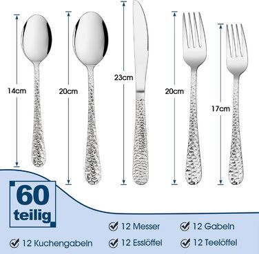 Herogo Cutlery Set 12 People, 60-Piece Stainless Steel Cutlery Set with Knife, Fork, Spoon, Elegant Hammered Silverware for Home/Party/Restaurant, Dishwasher Safe, Rustproof, Polished