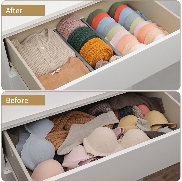 DIMJ 8-Piece Drawer Dividers Adjustable (32.6-56cm) Plastic, Closet Organizer for Kitchen Storage, Bedroom, Dresser, Light Gray