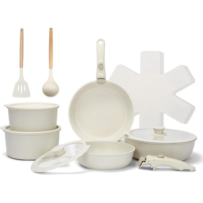 GFTIME 17-Piece Cookware Set with Non-Stick Ceramic Coating - Induction Compatible Pots and Pans Set, Stackable & Dishwasher Safe, 20/26cm Glass Lids, PFOA/PTFE/PFAS-Free
