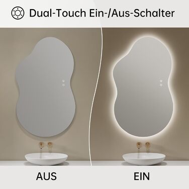 Дзеркало для ванної кімнати з підсвічуванням, без рами, 50x75 см, арочне, антизапар, сенсорний вимикач, регульована яскравість, 3 кольори світла