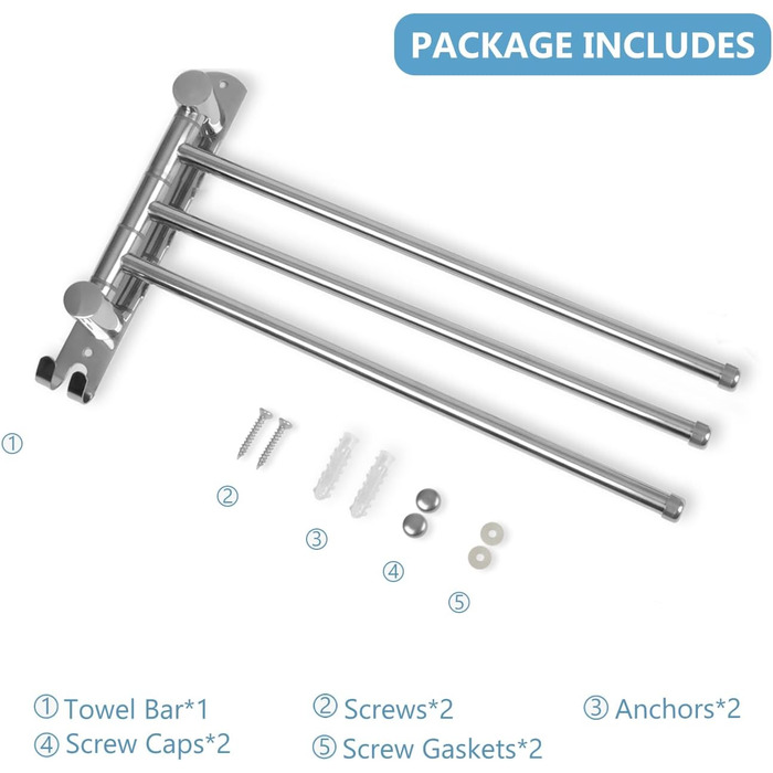 Тримач для рушників настінний поворотний 180° з нержавіючої сталі з 4-ма кріпленнями, для ванної, кухні та гардеробу, сріблястий