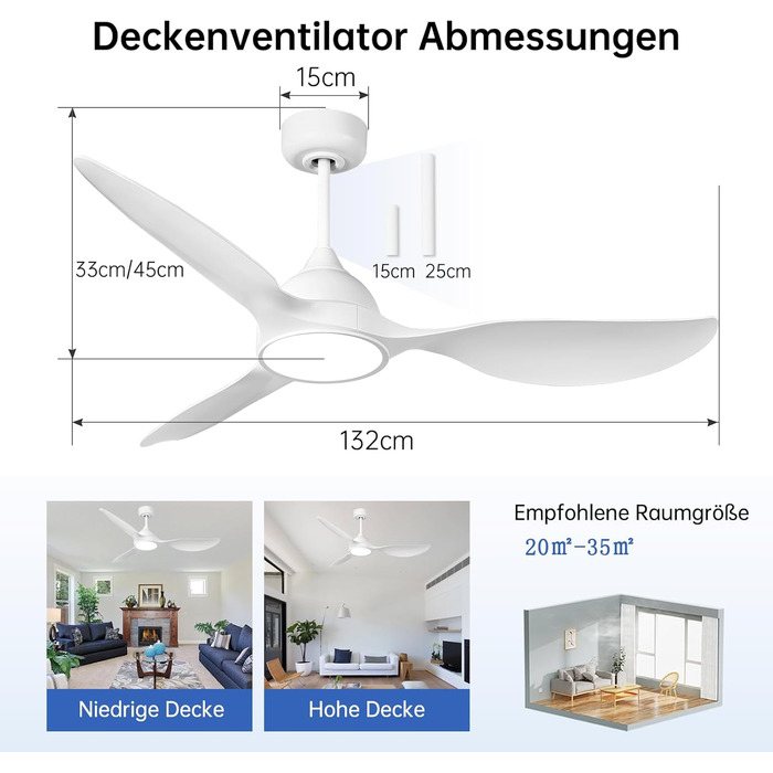 Стеляний вентилятор Reiga з підсвічуванням та пультом дистанційного керування 132 см, тихий реверсивний двигун, 6 швидкостей, таймер, регульована яскравість та 3 колірні температури, світло-коричневі лопаті (білий, з пультом)