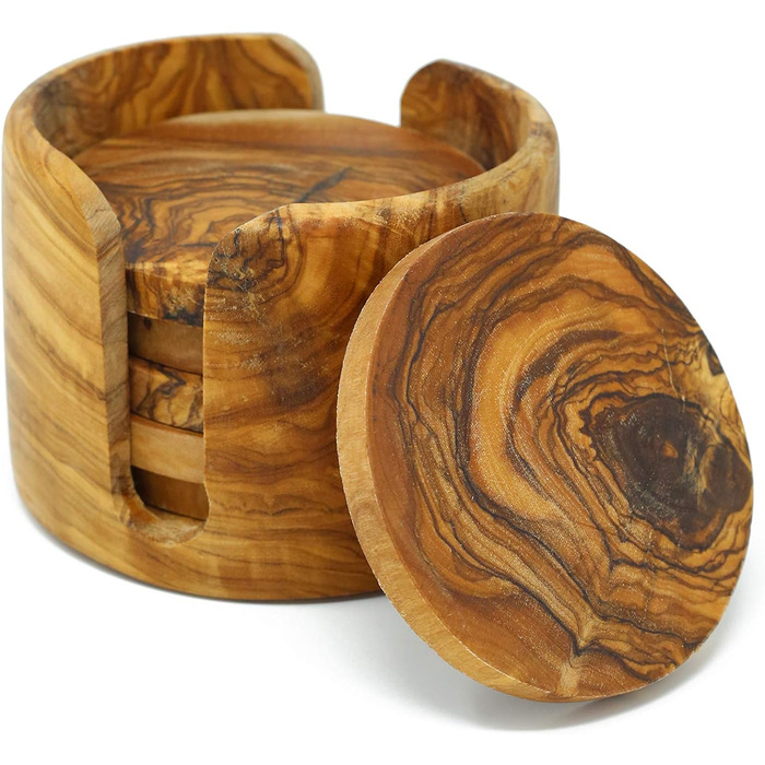 Set of 6 round beer coasters made of olive wood, 8.5 cm in diameter, including storage box. Suitable for glasses, mugs, cups, and vases.