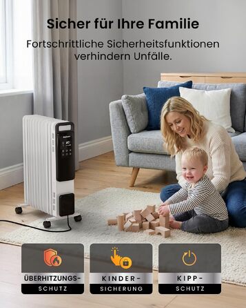 Розумний електричний масляний радіатор Pro Breeze 2500W, 11 секцій, з керуванням через Wi-Fi/App, термостатом, таймером на 24г та сенсорним дисплеєм, білий