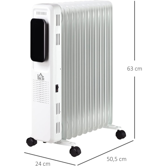 HOMCOM Портативний масляний радіатор з електронагрівом, 2500W, 3 режими, таймер, 11 секцій, білий, сталь, 50.5 x 24 x 63 см