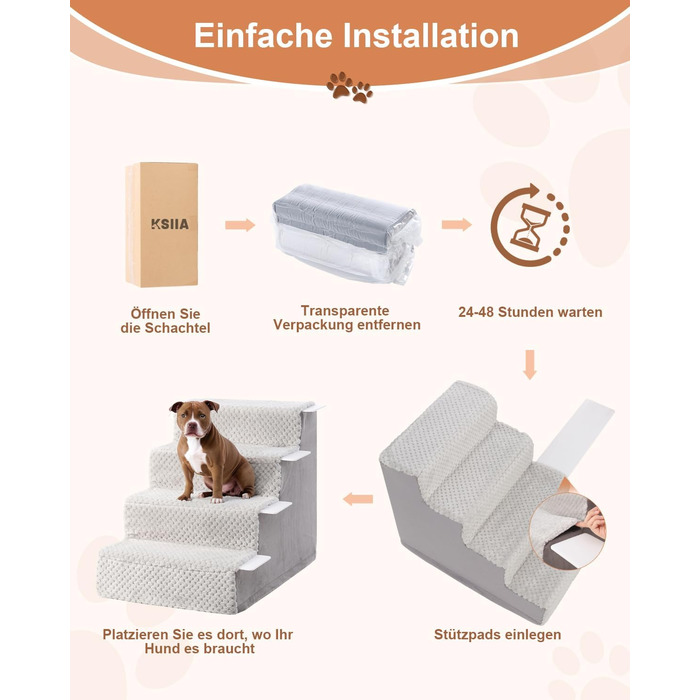 KSIIA Dog Stairs for Small Dogs 44cm High, Pet Stairs with Removable Washable Cover, Cat Stairs for Elderly Cats and Dogs, Non-Slip Dog Ramp Dog Stairs for Bed Sofa, Grey
