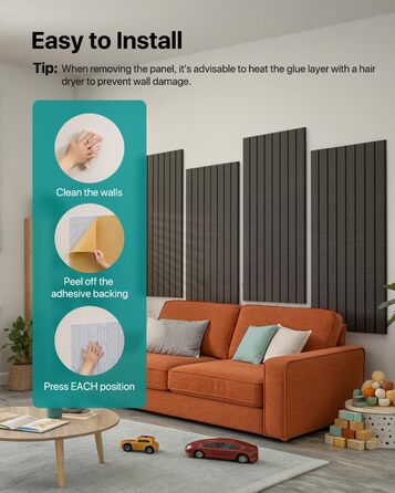 Акустичні панелі Soundsbay самоклейні для звукоізоляції та декору стін, 120×60×0.9 см, чорні (3 шт, 2.16 м²)