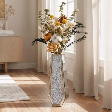 Ваза для квітів велика 68 см: срібна ваза з кристалами для пампас трави, скляна ваза з дзеркальним покриттям та блискітками, декоративна ваза для вітальні, інтер'єру – без підставки для води, 16L x 68H см