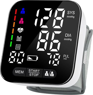 Тонометр на зап'ясті з визначенням аритмії, автоматичний, прецизійний вимір артеріального тиску та пульсу, кольоровий індикатор ризику, 2×99 місць пам'яті, для зап'ясть 13,5-21,5 см