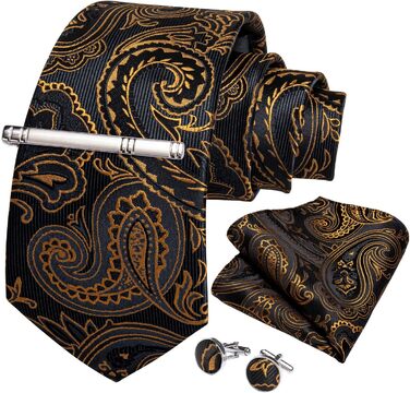 Краватка з візерунком пейслі DiBanGu, шовкова краватка, нагрудна хустинка, запонки, затискач для краватки - чорний та золотий для весілля та балу