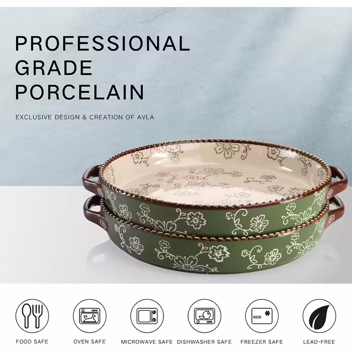 AVLA 2-Piece Ceramic Cake Pans, 9-inch, Round Baking Dish with Double Handles, 27.3 oz, Deep Quiche Dish for Kitchen, Cooking, Roasting Lasagna (Sakura, Green) Sakura, Vert