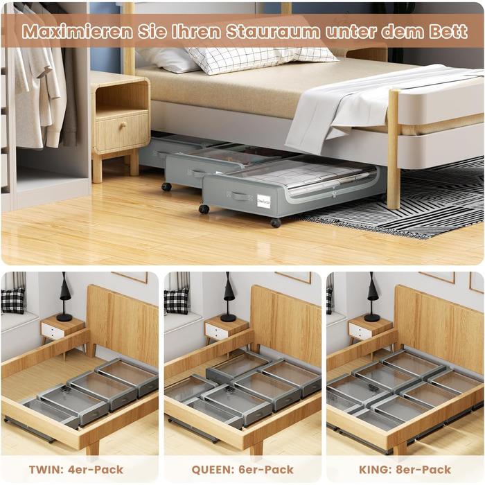 Коробки для зберігання під ліжко PHINOX з роликами, сірі, 2 шт (74x42x16 см) - коробки-органайзери для одягу, взуття, іграшок з прозорою кришкою