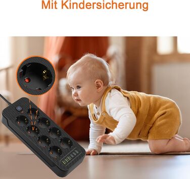 Мережевий фільтр AOUOO 8 розеток з вимикачем, 2м кабель, 3USB/3Type-c (5V/3.1A), 250V/16A, захист від перенапруги 3840W, чорний