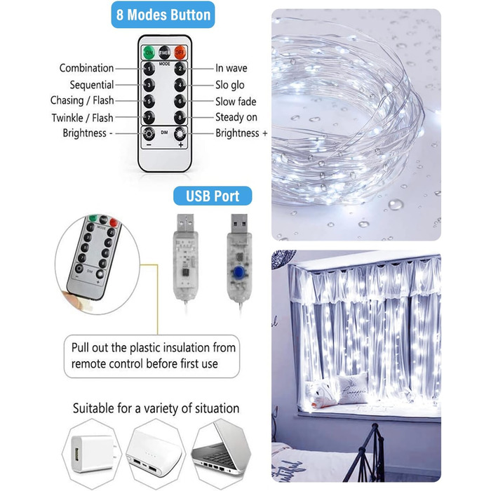 Ламповий фонтан 3x3м, 300 LED, USB, 8 режимів, пульт, IP65, для декору, свята, вечірки, тепле світло, мідний дріт