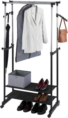 WENKO Clothes Rack Folding, Clothes Storage with Adjustable Clothes Rail and Wheels, Plastic/Metal, 88 x 100-168 x 11-49 cm, Chrome/Grey (169 x 43 x 89.5 cm)