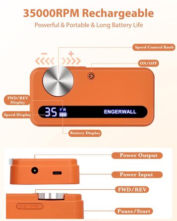 Професійний фрезер для нігтів ENGERWALL 35000 об/хв, акумуляторний, для гелю та акрилу, електричний, манікюрний набір з 7 насадками та 56 шліфувальними стрічками, темно-срібний