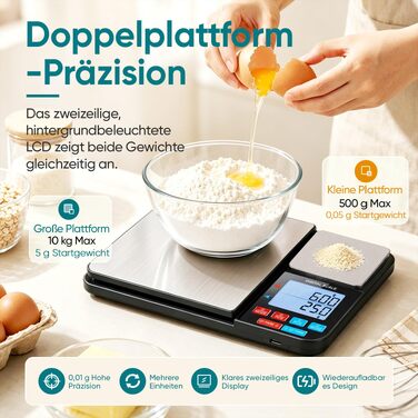 Цифрові кухонні ваги Wigearss з подвійною платформою (10кг/1г та 500г/0.01г), високоточні електронні ваги для продуктів з функціями тари та підрахунку, 7 одиниць вимірювання