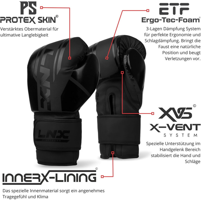 Боксерські рукавички LNX Performance Pro: для кікбоксингу, боксу, муай-тай, MMA (10, 12, 14, 16 Oz) - чорний колір