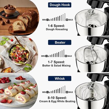 Кухонний комбайн-міксер Camic з LED-дисплеєм, 10 швидкостей, 3 насадки (вінчик, міксер, гак) та 2 чашами з нержавіючої сталі 4л і 5л для тіста, хліба та тортів, чорний