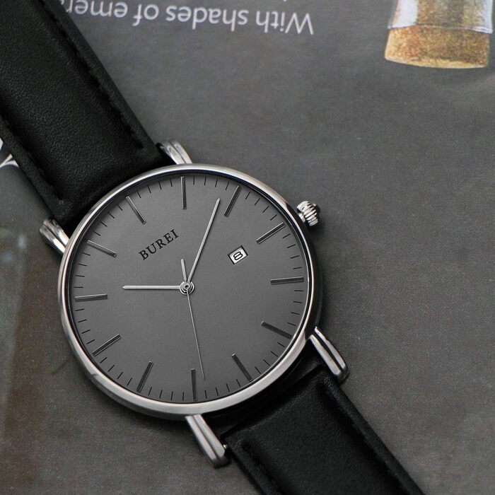 Годинник чоловічий BUREI Ultra Slim аналоговий з датою, кварцовий механізм Japan, шкіряний ремінець, чорний та сріблястий, подарунок для чоловіків