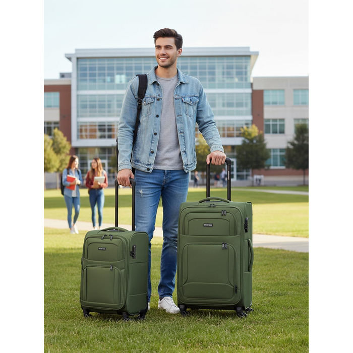 Набір валізак SMARTBOX 3 шт. для жінок та чоловіків | Легкі та стабільні валізи-ролики, якісний softcase, 4 колеса та кодовий замок | Розширювані | Колір: Slate-green, Розмір: S (56 см)