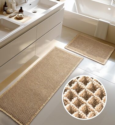 Boho Bathroom Rug Set - Non-Slip Bath Mats (2 Piece) - Washable Shower Rugs for Bathroom, Bedroom, Living Room - 51x120cm + 41x61cm Brown