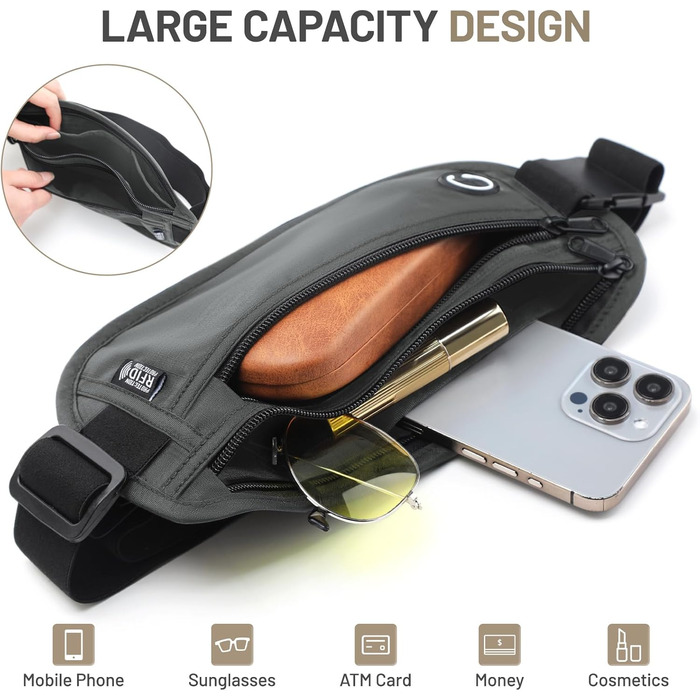 Водонепроникна поясна сумка з RFID захистом та антикрадійним замком для подорожей, спорту (сіра)