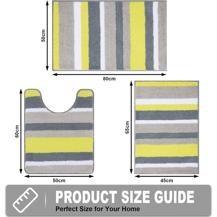 Pauwer Non-Slip Bath Mats Set, 3-Piece Bath Rug Soft Microfiber Absorbent Bathroom Rug Machine Washable Bath Mat for Bathroom Living Room (Yellow) Yellow 50 x 80 cm + 45 x 65 cm + 50 x 60 cm