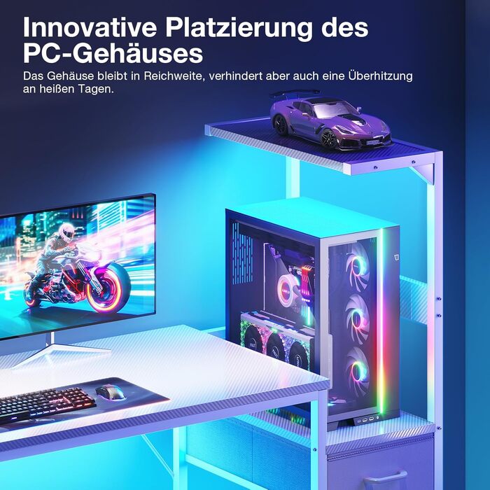 Ігровий стіл Coleshome з LED-підсвічуванням, з ящиками та полицею, регульований, з тримачем для навушників (білий карбон, 120×48 см)