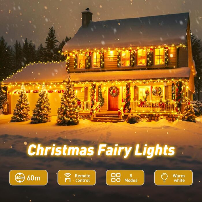 Гірлянда світлодіодна 30м, 300 LED, для дому та саду, 8 режимів, з пультом, таймер, IP44, тепле світло