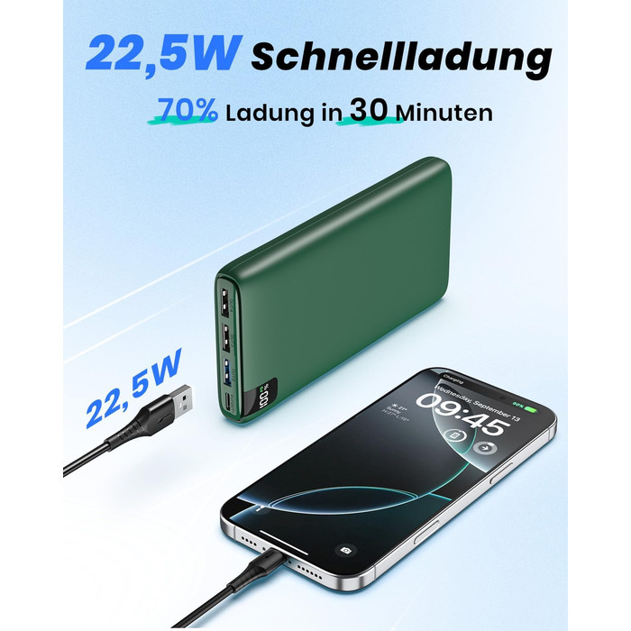 Power Bank Riapow 26800mAh: Швидка зарядка USB-C, 4 порти, LED-дисплей, для смартфонів та планшетів (зелений)