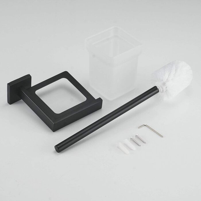 WC Brush and Holder Wall Brush Holder, Chrome, Toilet Brush Set Toilet Brush Set made of 304 Stainless Steel and Frosted Glass for Bathroom (Matte Black)