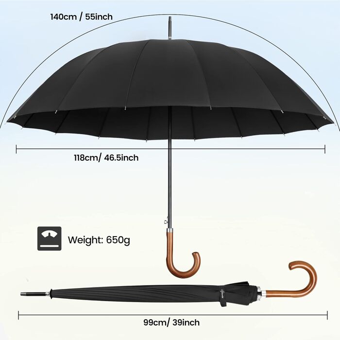 NINEMAX Large Windproof Umbrella - Wooden Handle Stick Umbrella for Men & Women - 16 Ribs Automatic Open - Double Layer Black