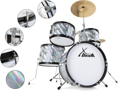 XDrum Junior Pro Kinder барабанний комплект Red - для дітей 5-9 років - з аксесуарами та навчальним посібником (Laser Silver, Single)