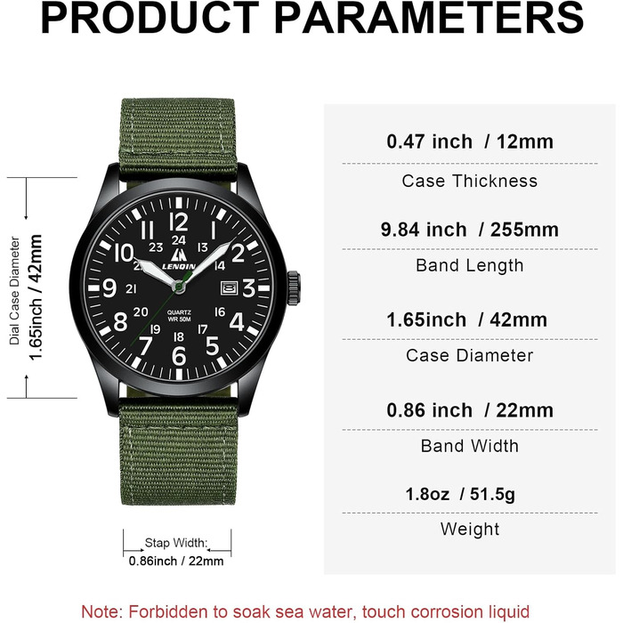 Годинник чоловічий LN LENQIN аналоговий кварцовий на текстильному ремінці, водостійкий 30M, з датою (зелений, чорний)