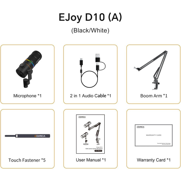 Мікрофон Comica D10 EIN з підсвічуванням RGB, XLR/USB, для стрімінгу, TikTok, подкастів та запису голосу. Сумісний з PC, Smartphone, Computer, Mac, PS4/5.