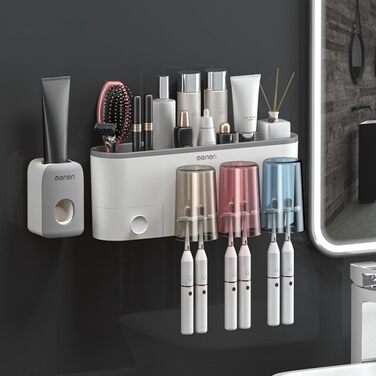 Drill-free toothbrush holder, wall-mounted, bathroom shelf with 1 automatic toothpaste dispenser, 6 brush hooks, 1 cosmetic drawer, organizer, and ample storage space (1 dispenser + 3 cups)