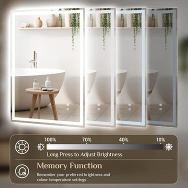 Дзеркало для ванної кімнати Clevich з підсвічуванням 70x50 см, LED дзеркало з 3 кольорами світла, регульована яскравість, захисне скло, сенсорне управління, функція пам'яті, запобігання запотіванню, 80x60 см