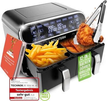 Аерофритюрниця Stillstern Dual Zone 8 л, 2400 Вт, 8 програм, технологія HeatingFlow, чорна, для 1-8 осіб, дегідратор, розморожування, підтримка тепла, Shake-функція, 120 рецептів німецькою
