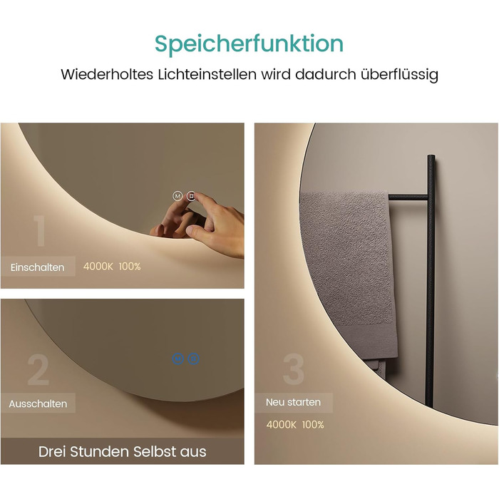 Дзеркало для ванної кімнати EMKE круглої форми з підсвічуванням 80 см - з 3 кольорами світла, регулюванням яскравості, сенсорним керуванням, функцією пам'яті, енергозберігаюче. Ванне кімнати та настінне дзеркало (60 см x 60 см)