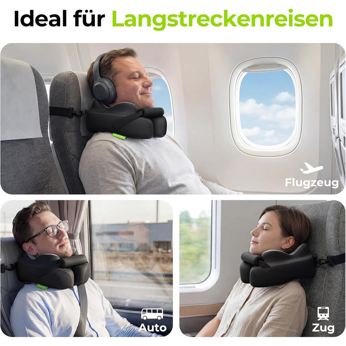 Подушка для шиї AUVON для подорожей: ергономічна підтримка голови та шиї, регульована підставка для підборіддя, дихаюча тканина, проти напруження шиї (літак, авто, поїзд)