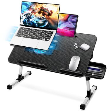 Столик для ноутбука ICARE: регульована висота та кут нахилу, з підставкою для охолодження, ящик, для ліжка, дивану, чорний (53 x 30 см)