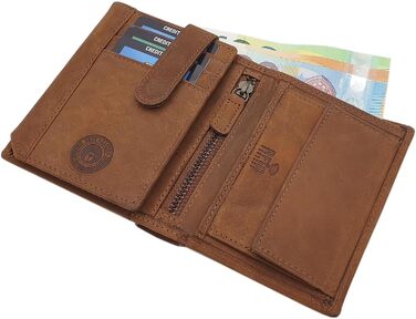 myledershop Genuine Buffalo Leather Wallet/Bifold/Cardholder/Money Clip in Portrait or Landscape Orientation with Wolf Motif and RFID & NFC Protection (Model 1 / Portrait/Cognac)